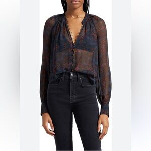 Veronica Beard Marion Print Romantic Silk Lux Blouse Sheer in Navy Multi NEW